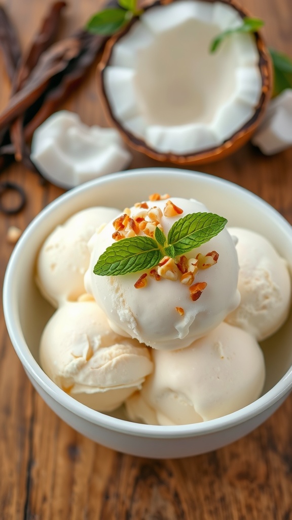 A bowl of vegan vanilla ice cream with nuts and mint leaves on a wooden table.